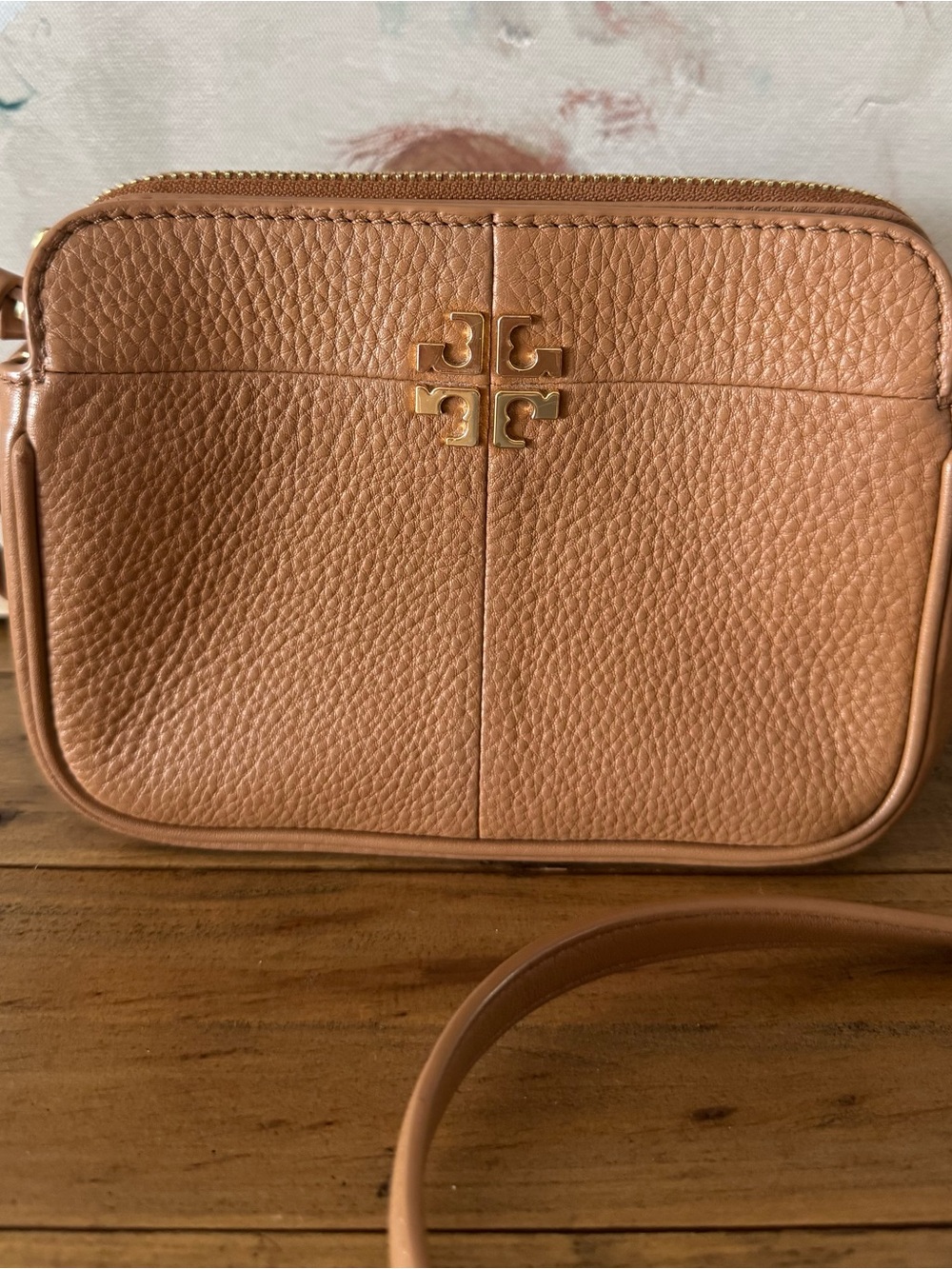 Tory Burch Pebbled Leather Crossbody in Blush Peach with Gold Logo